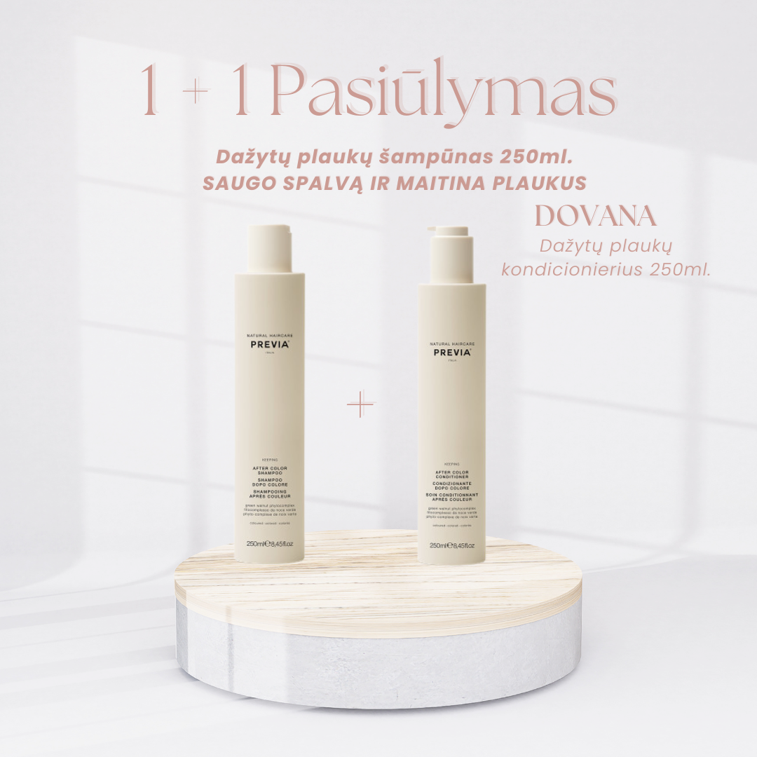 1+1 Previa Spalvą palaikantis šampūnas dažytiems plaukams 250ml. DOVANA Previa spalvą palaikantis kondicionierius dažytiems plaukams 250ml.