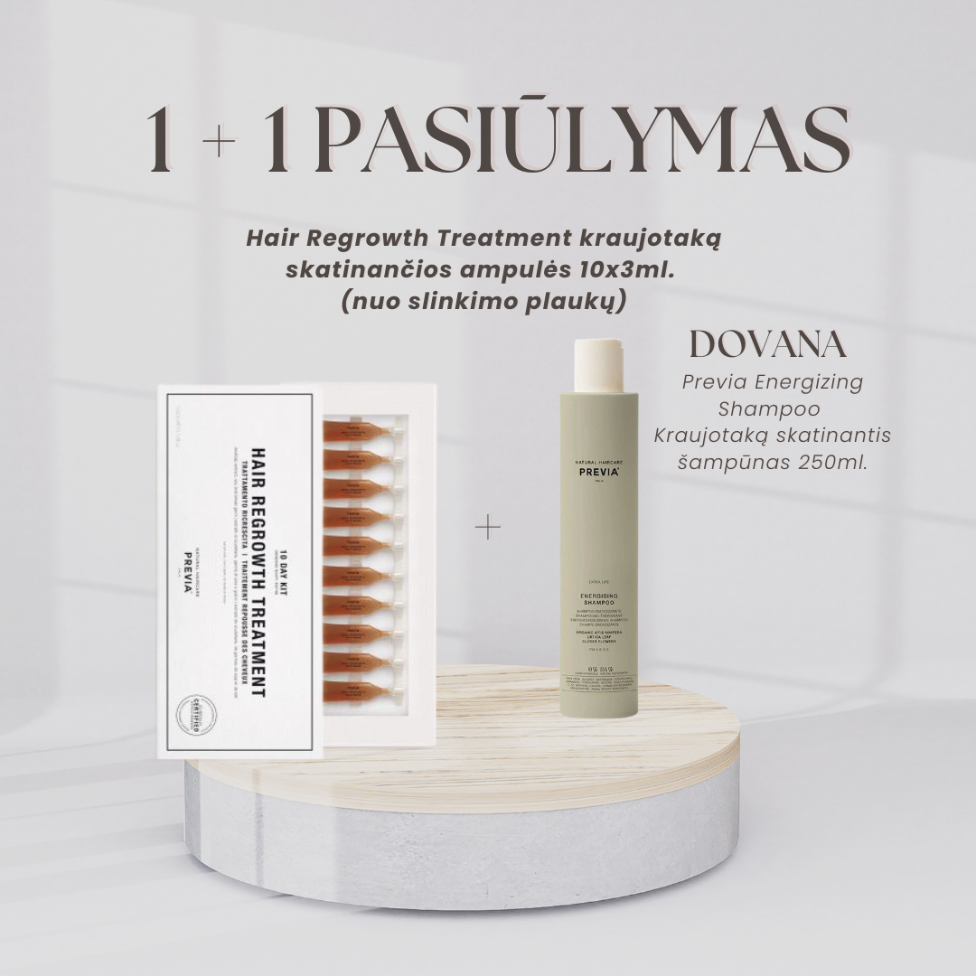 1+1  Previa Hair Regrowth Treatment kraujotaką skatinančios ampulės. DOVANA Previa Kraujotaką skatinantis šampūnas (nuo plaukų slinkimo) 250ml.