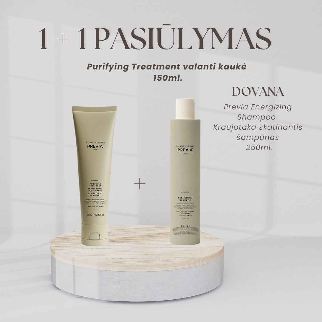 1+1  Previa Purifying Treatment valanti kaukė 150ml. DOVANA Previa Kraujotaką skatinantis šampūnas (nuo plaukų slinkimo) 250ml.