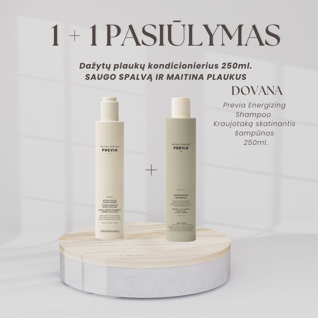 1+1  Previa spalvą palaikantis kondicionierius dažytiems plaukams 250ml. DOVANA Previa Kraujotaką skatinantis šampūnas (nuo plaukų slinkimo) 250ml.